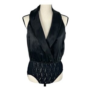 AJ Bari vintage Women Top Bodysuit Size 6 Black Satin‎ Lace Button Sleeveless